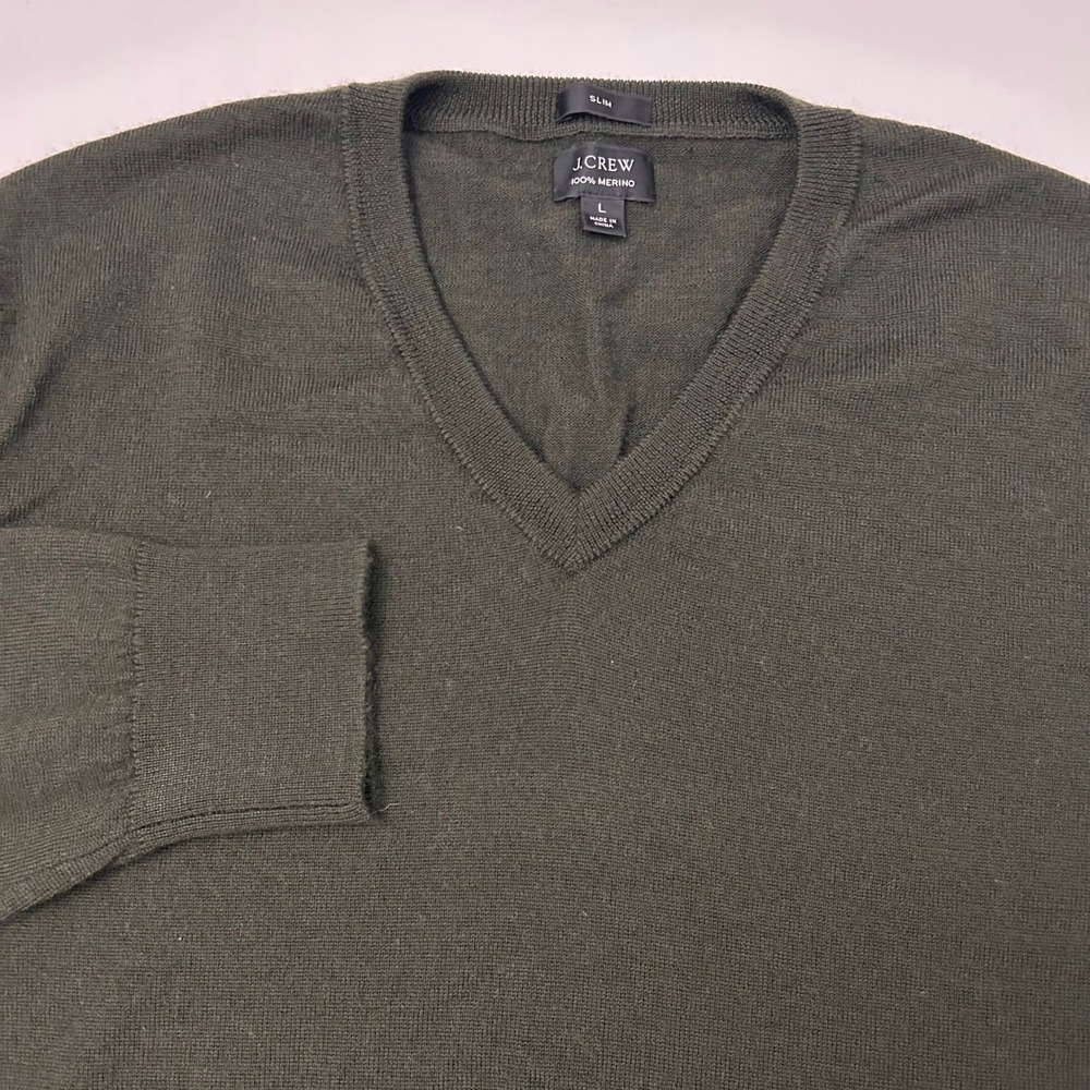 J.Crew Sweater Mens L Dark Green Slim Fit V-Neck Merino Wool Classic‎ Pullover - Picture 3 of 6